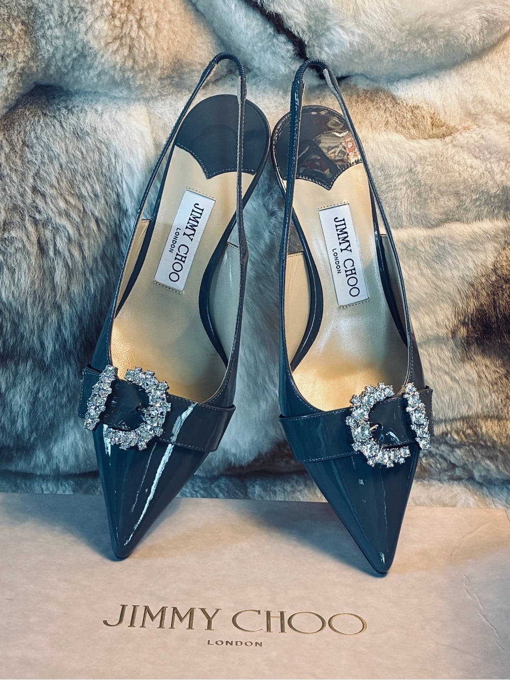 Jimmy Choo Cheri SB65 Patent Slingback Pointed Toe Pumps with Crystal Buckle NWT